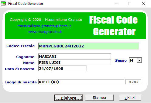 La schermata di Fiscal Code Generator